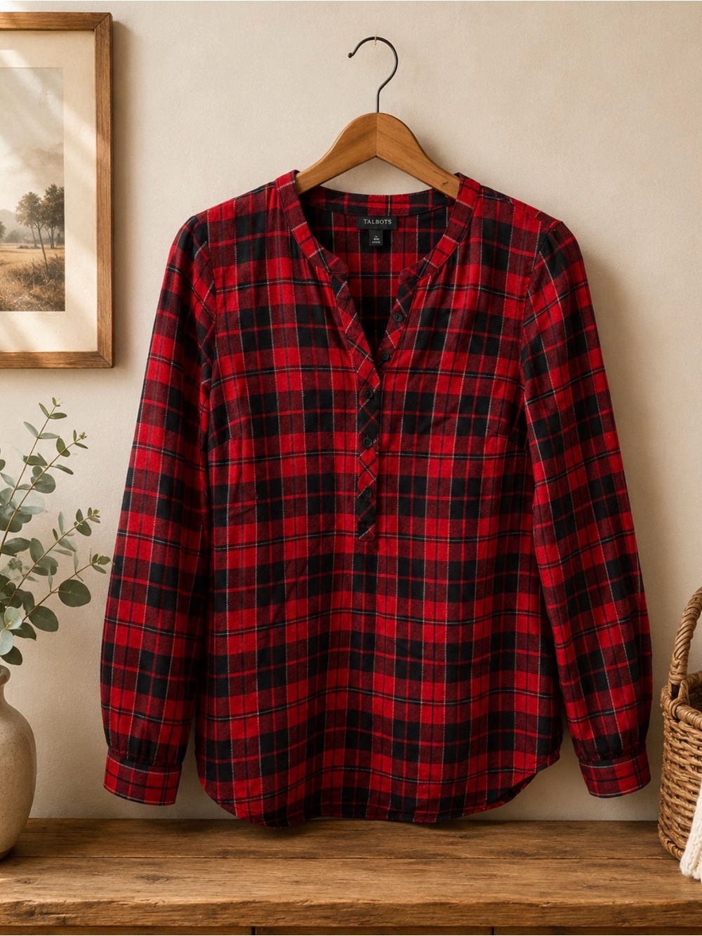 Talbots Red & Black Plaid Henley Blouse size XS